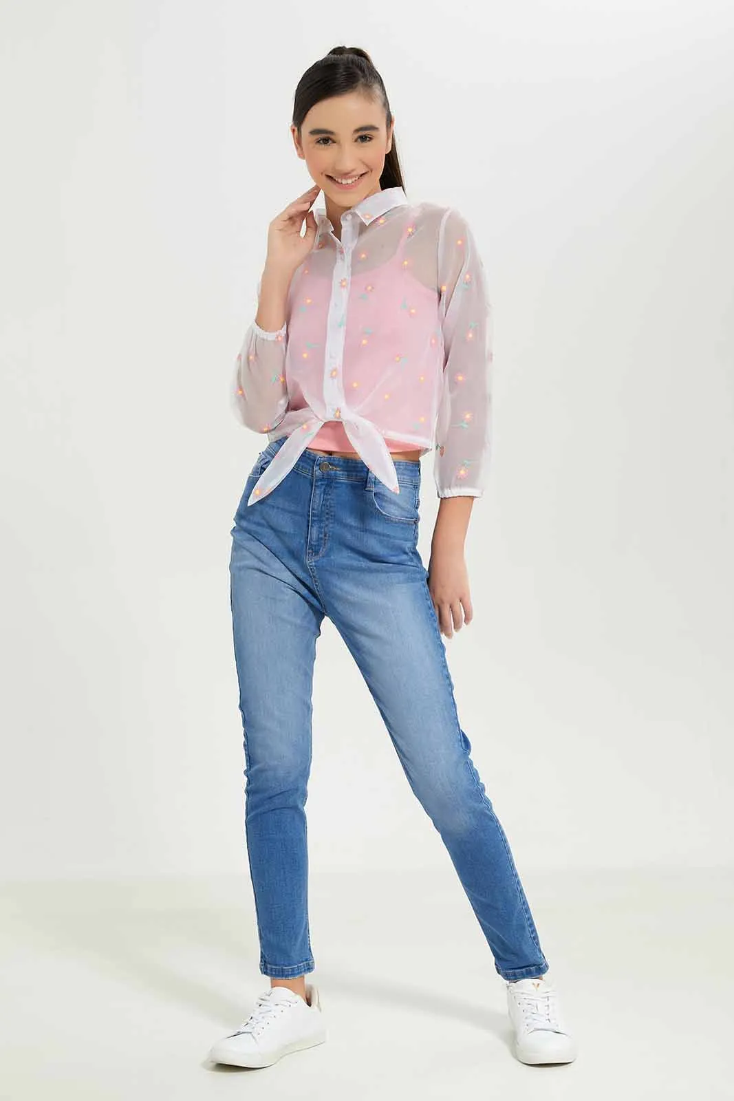Girls White Floral Printed Blouse