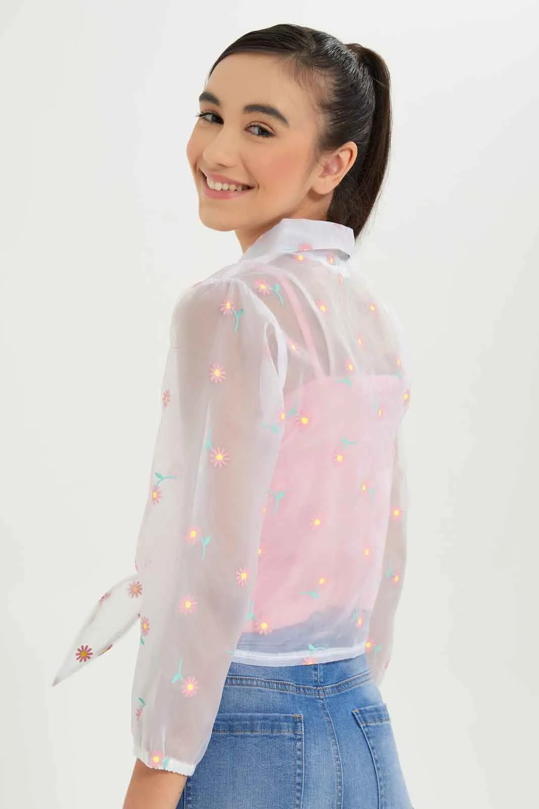 Girls White Floral Printed Blouse