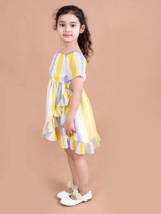 Girls White Yellow Striped Georgette Dress - Ps Peaches