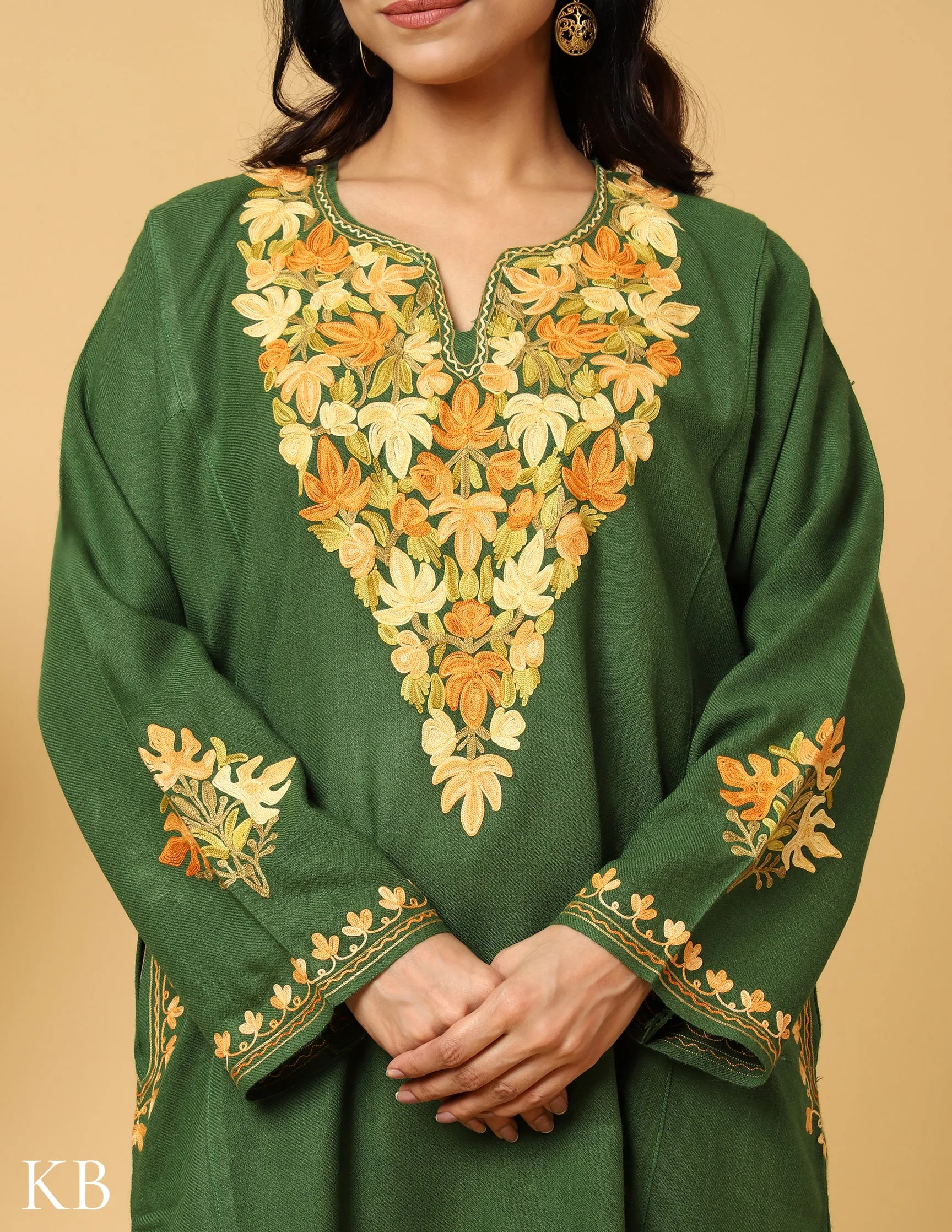 Green Aari Embroidered Fine Cashmilon Phiran