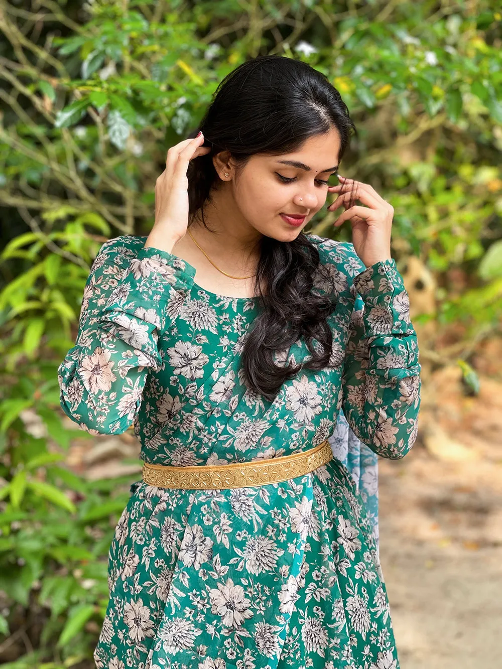 Green Color Digital Printed Georgette Gown