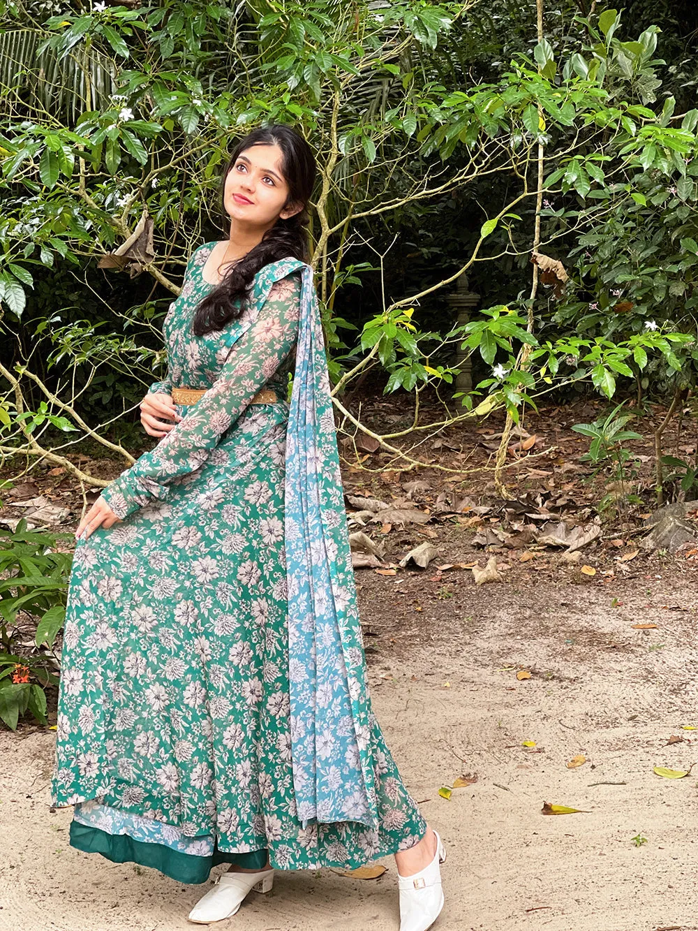 Green Color Digital Printed Georgette Gown