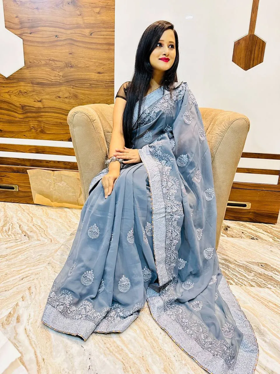 Grey Georgette Embroidery Saree
