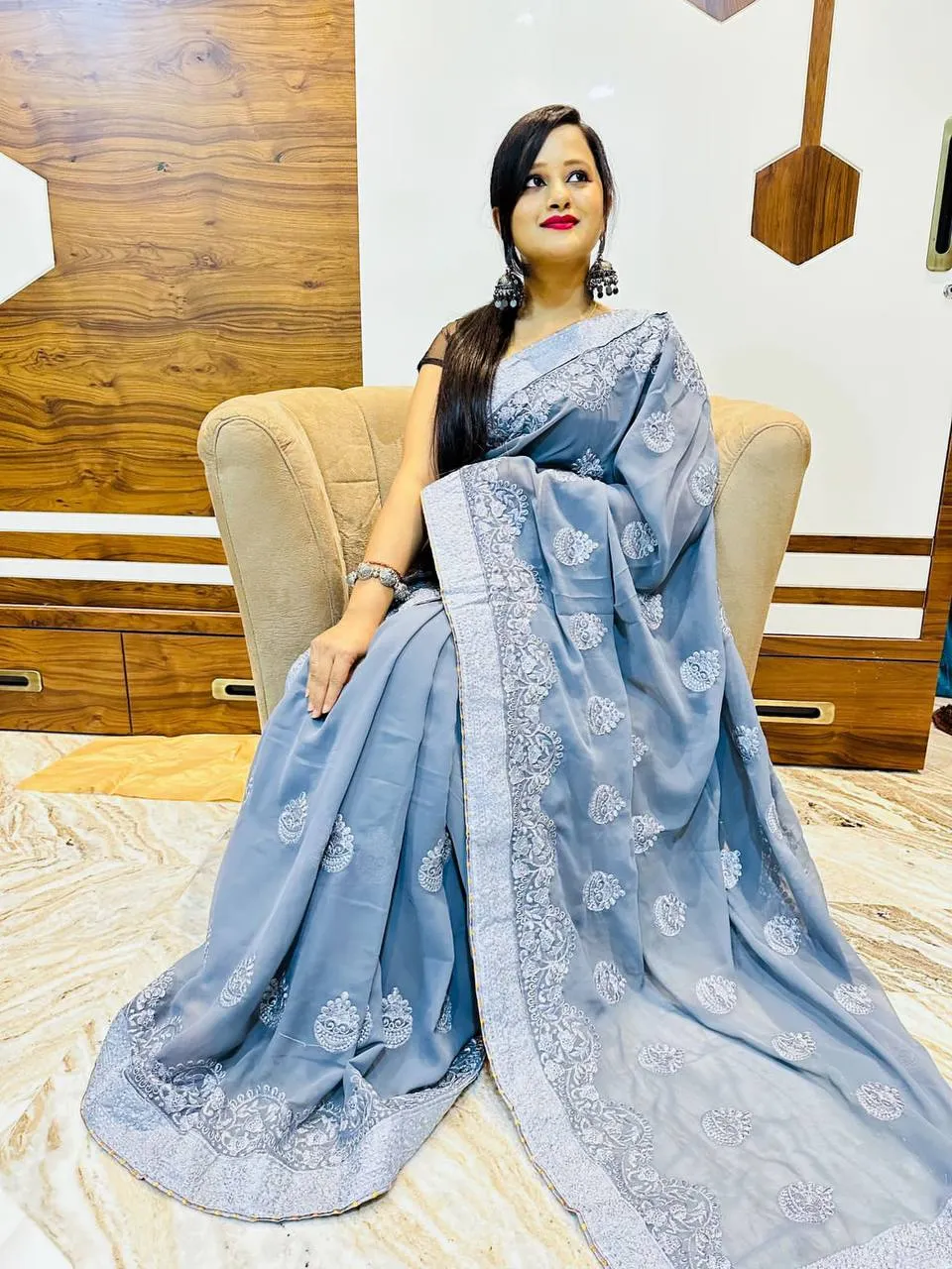 Grey Georgette Embroidery Saree