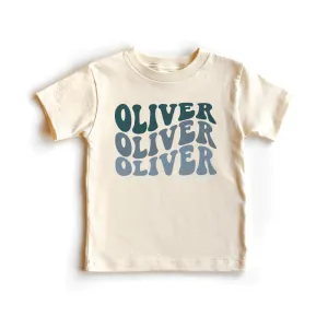 Groovy Blue Boys Personalized Name Toddler Shirt - Retro Custom Name T-Shirt - Natural Toddler Youth Tee