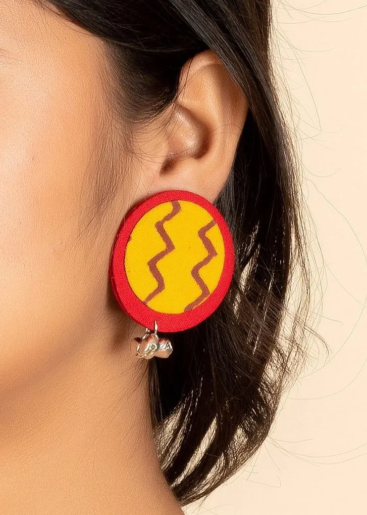 Handmade Red And Yellow Zigzag Cotton Fabric with Ghungroo Stud Earrings For Women - Perfect For All Occasions