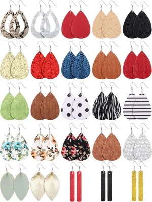 Hicarer 25 Pairs Faux Leather Earrings Teardrop Dangle Lightweight Leaf Earrings for Valentine Day Christmas Gift
