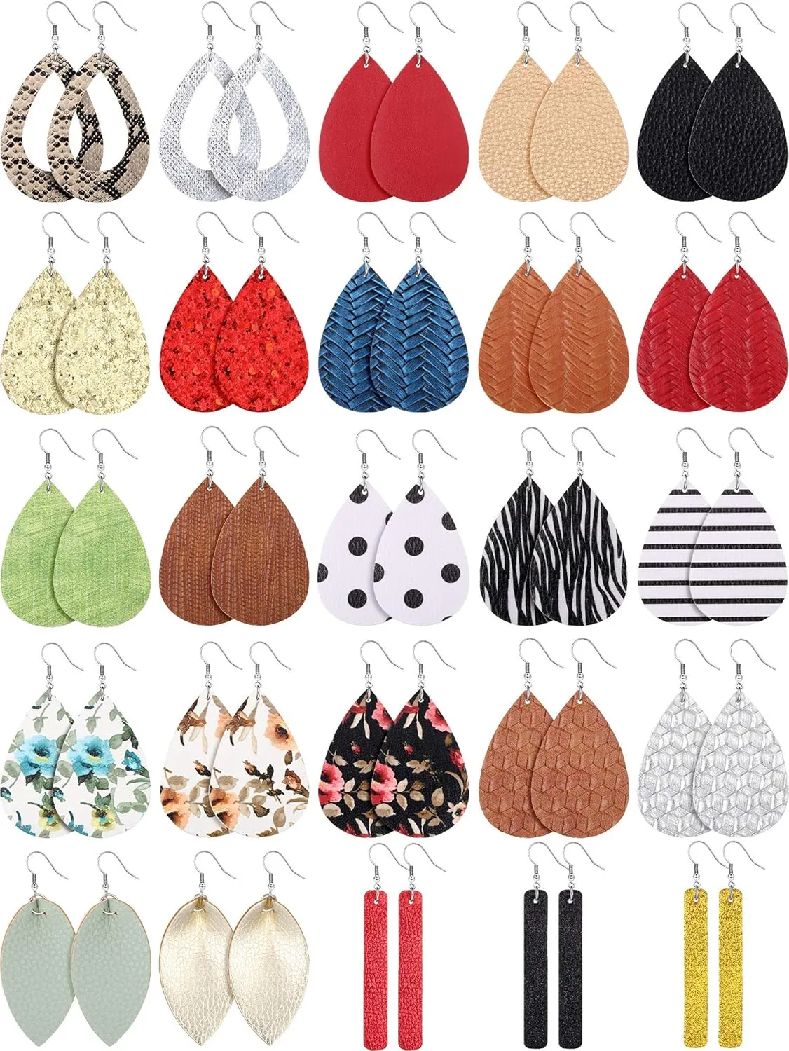 Hicarer 25 Pairs Faux Leather Earrings Teardrop Dangle Lightweight Leaf Earrings for Valentine Day Christmas Gift