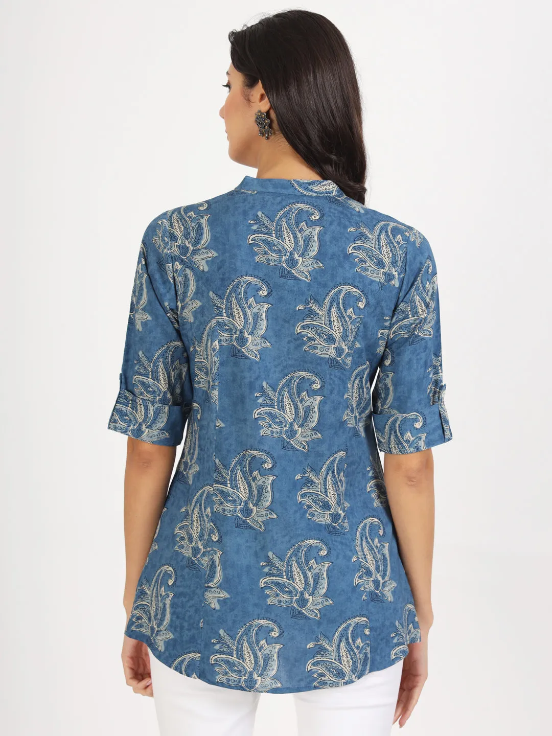 Jashvi Blue Floral Printed Rayon Top