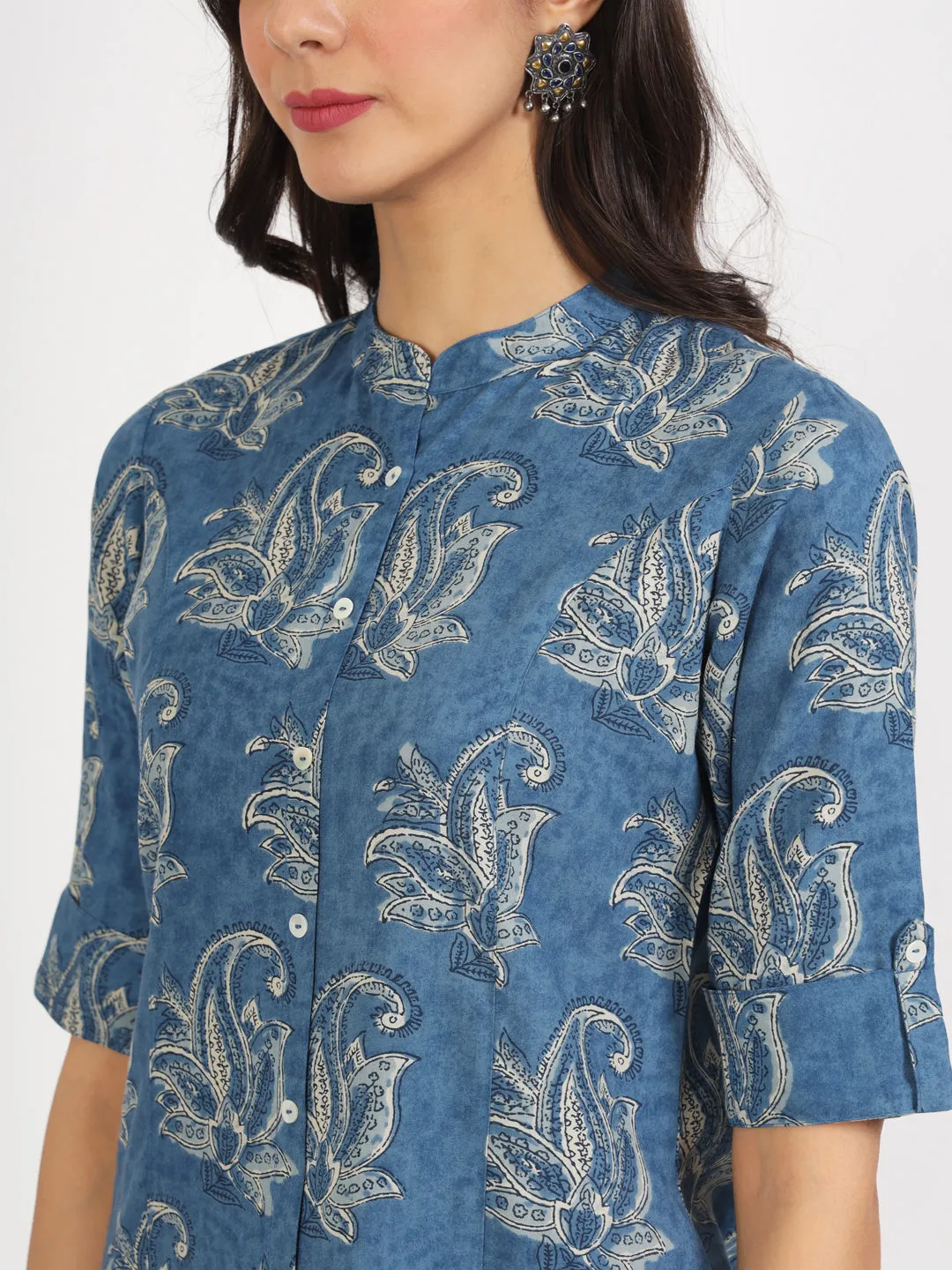 Jashvi Blue Floral Printed Rayon Top