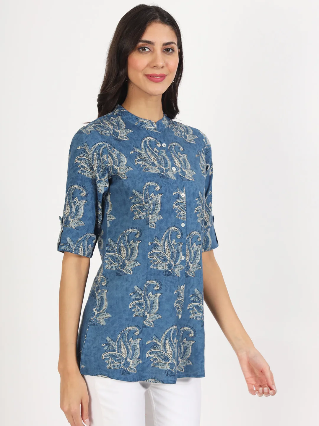 Jashvi Blue Floral Printed Rayon Top