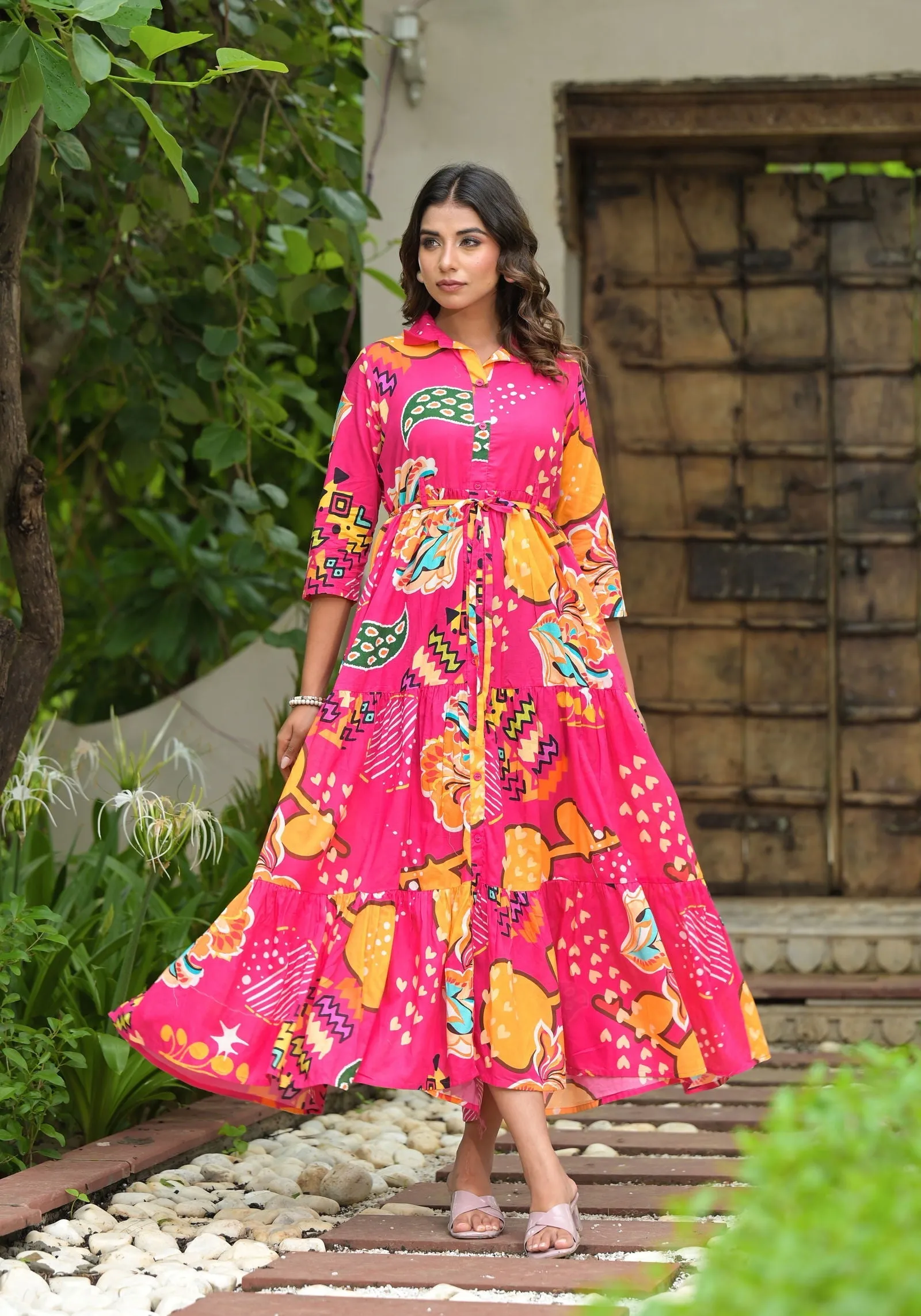 Jashvi Fuchsia Geometric Printed Cambric Dress With Buttons & Doris On Waist