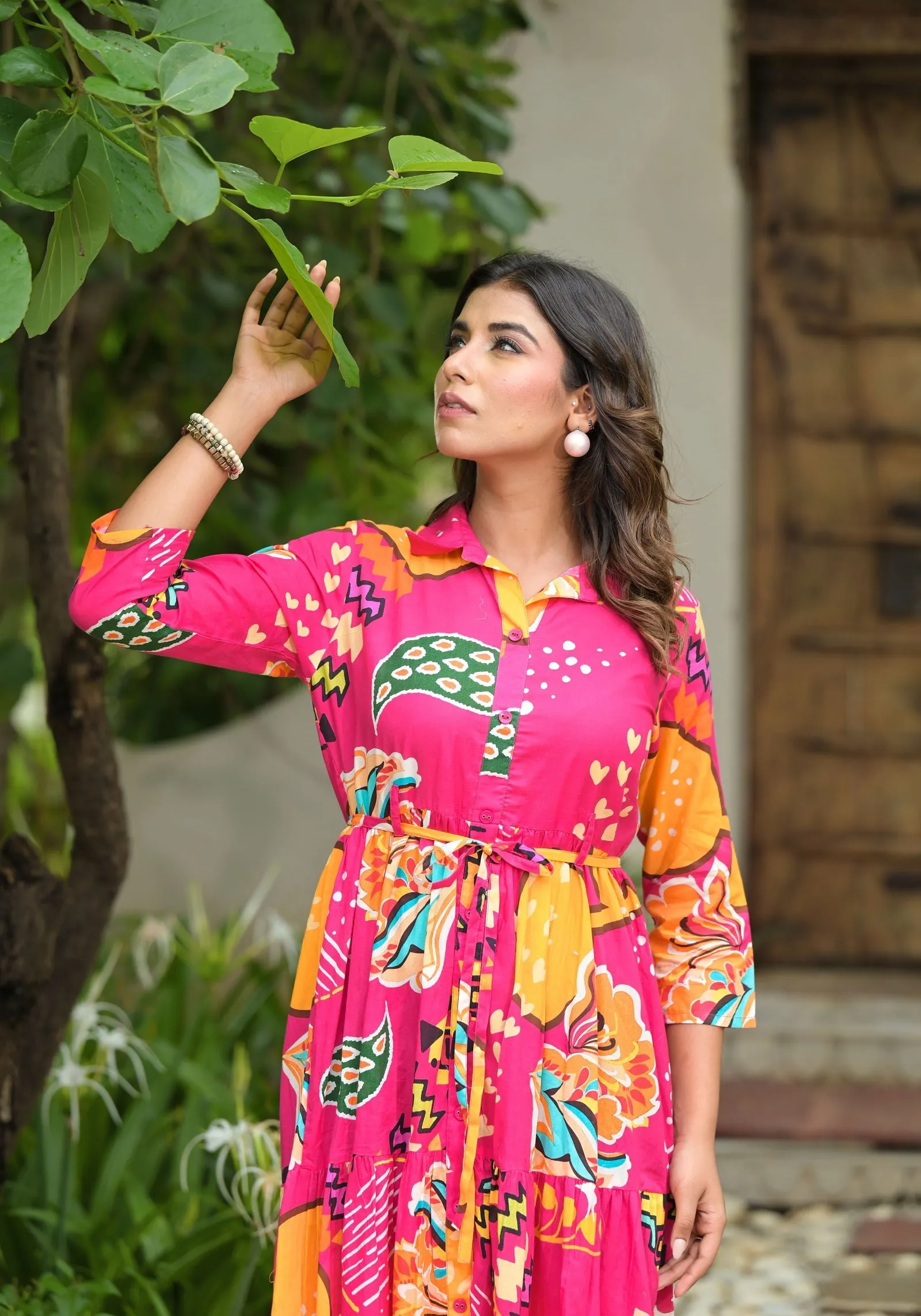 Jashvi Fuchsia Geometric Printed Cambric Dress With Buttons & Doris On Waist