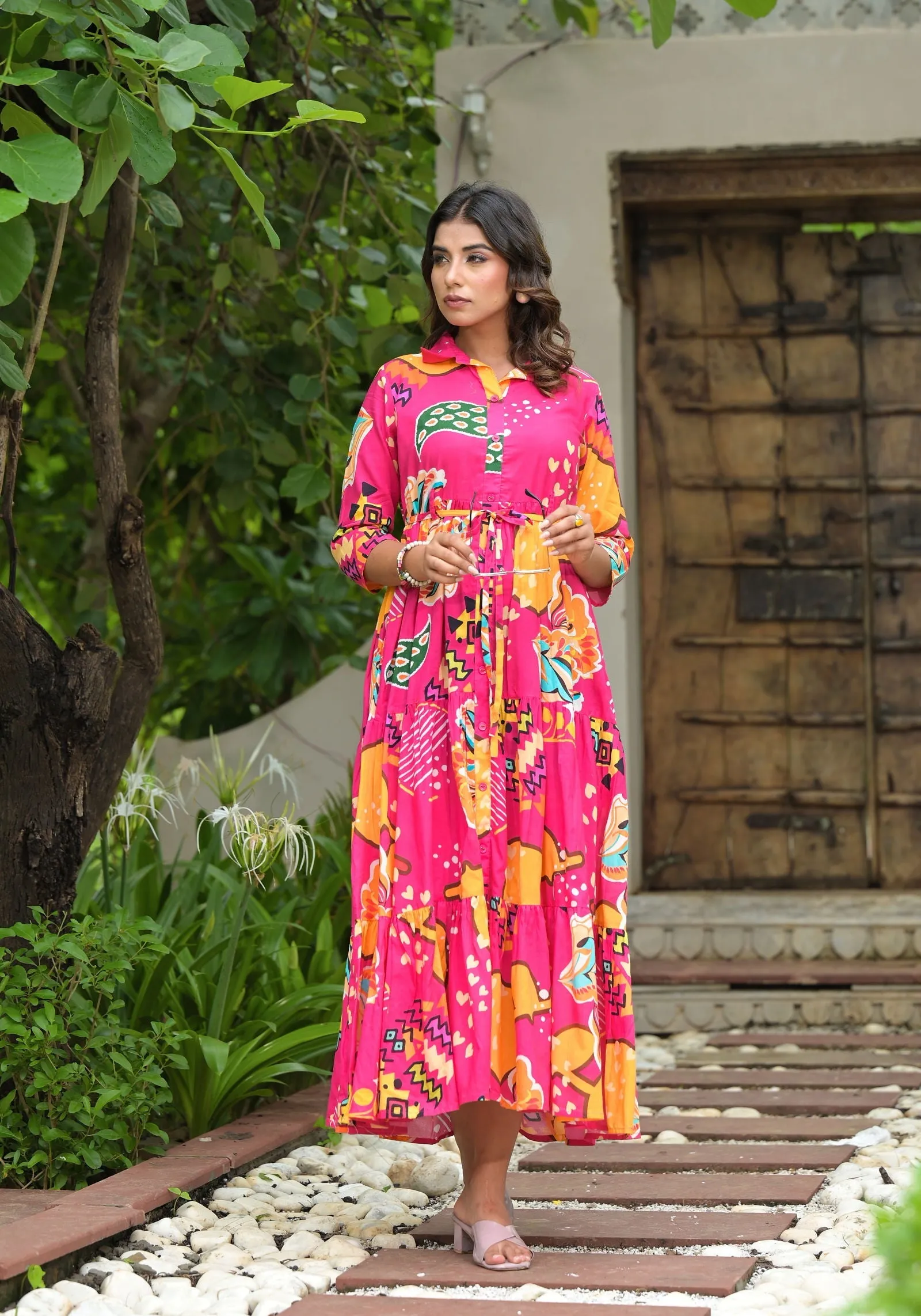 Jashvi Fuchsia Geometric Printed Cambric Dress With Buttons & Doris On Waist