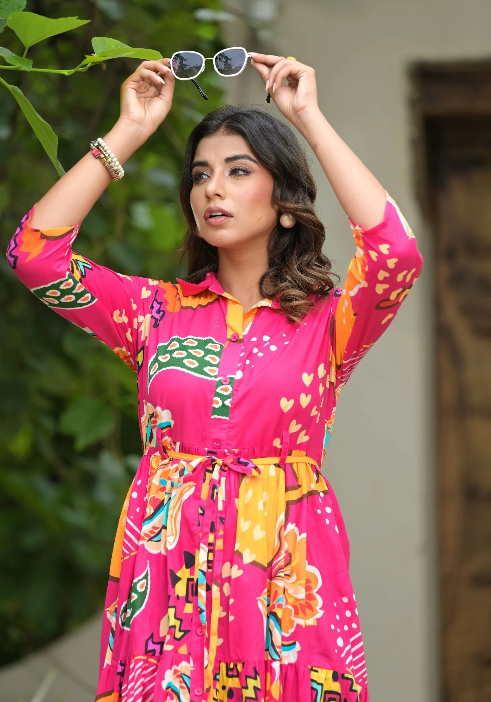 Jashvi Fuchsia Geometric Printed Cambric Dress With Buttons & Doris On Waist