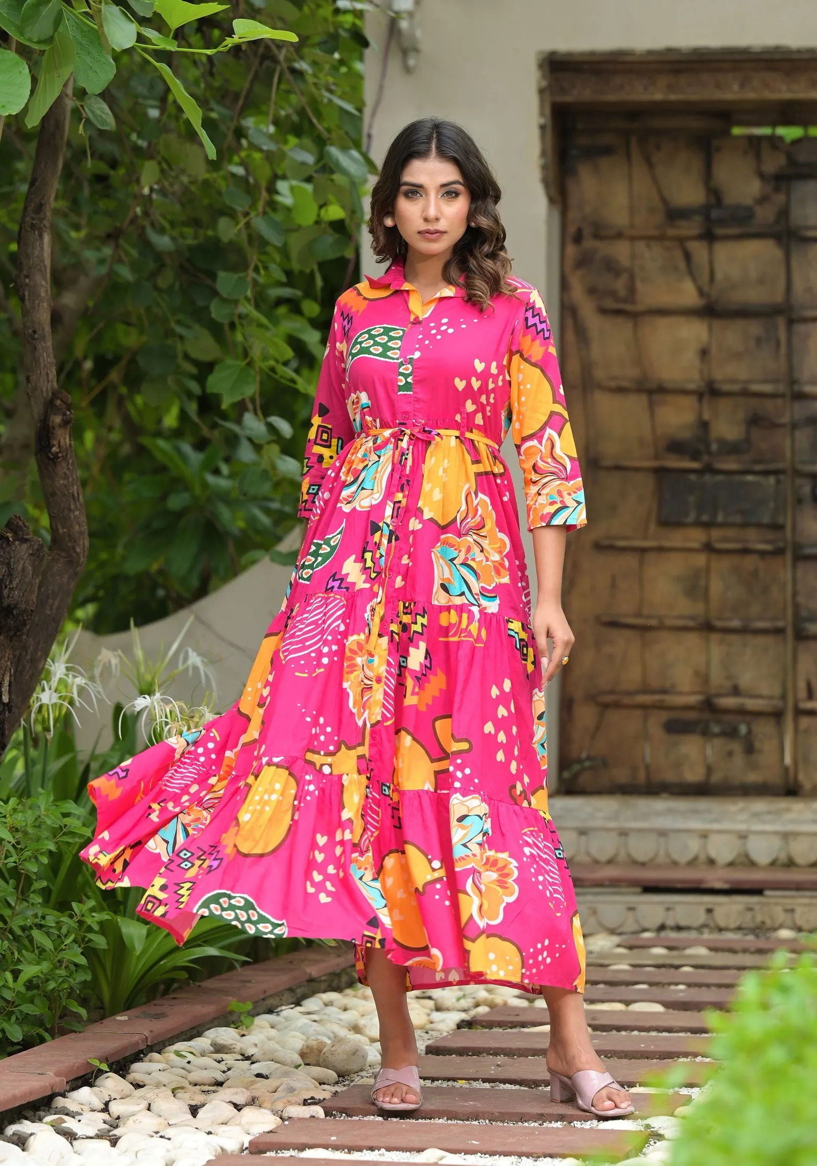 Jashvi Fuchsia Geometric Printed Cambric Dress With Buttons & Doris On Waist