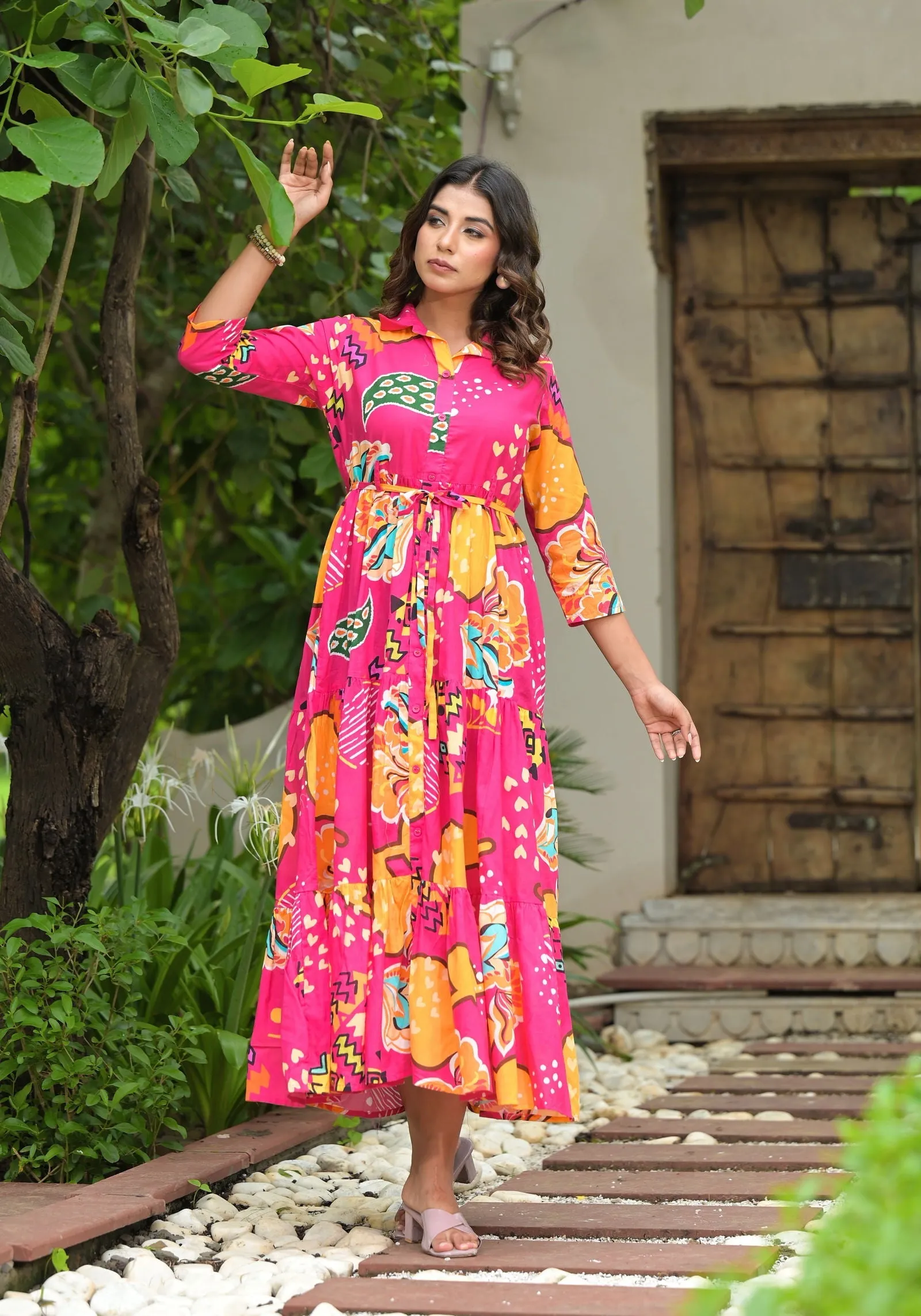 Jashvi Fuchsia Geometric Printed Cambric Dress With Buttons & Doris On Waist
