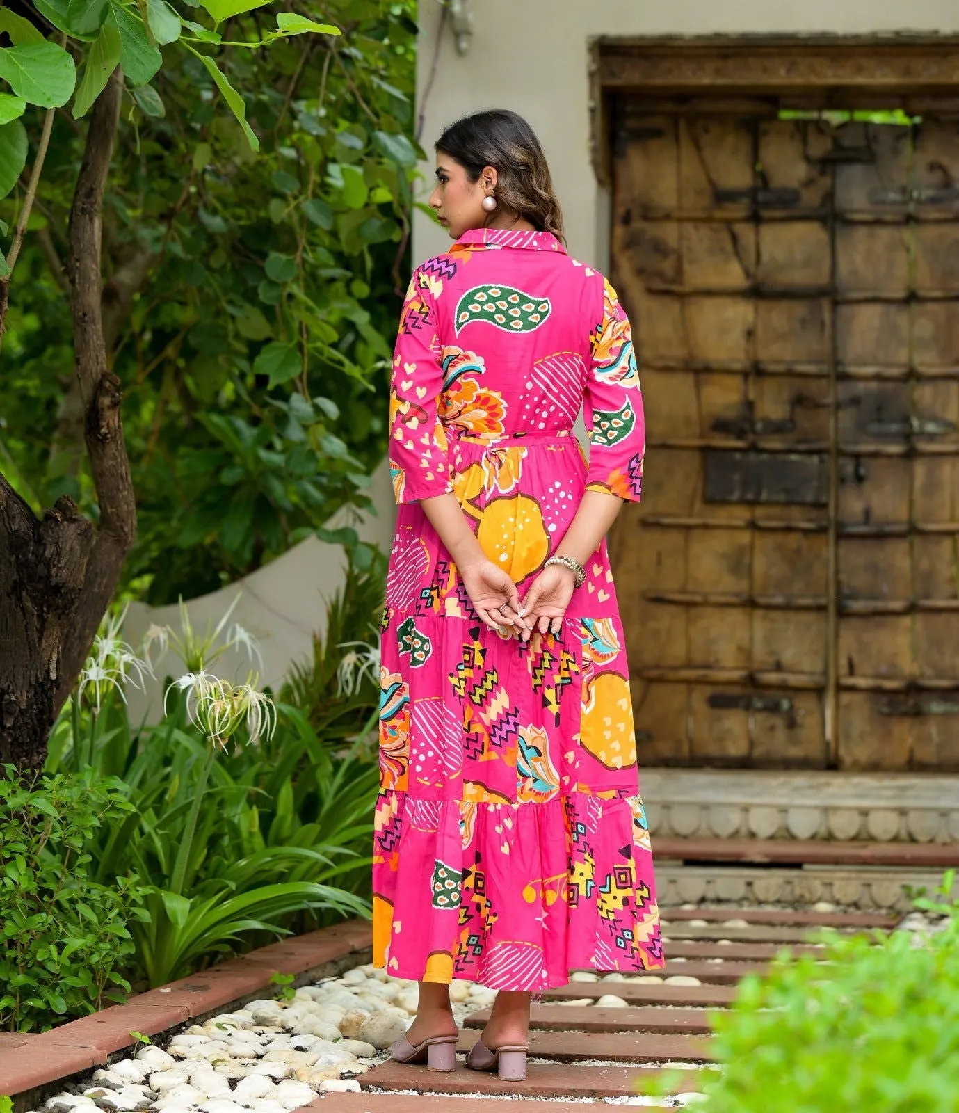 Jashvi Fuchsia Geometric Printed Cambric Dress With Buttons & Doris On Waist