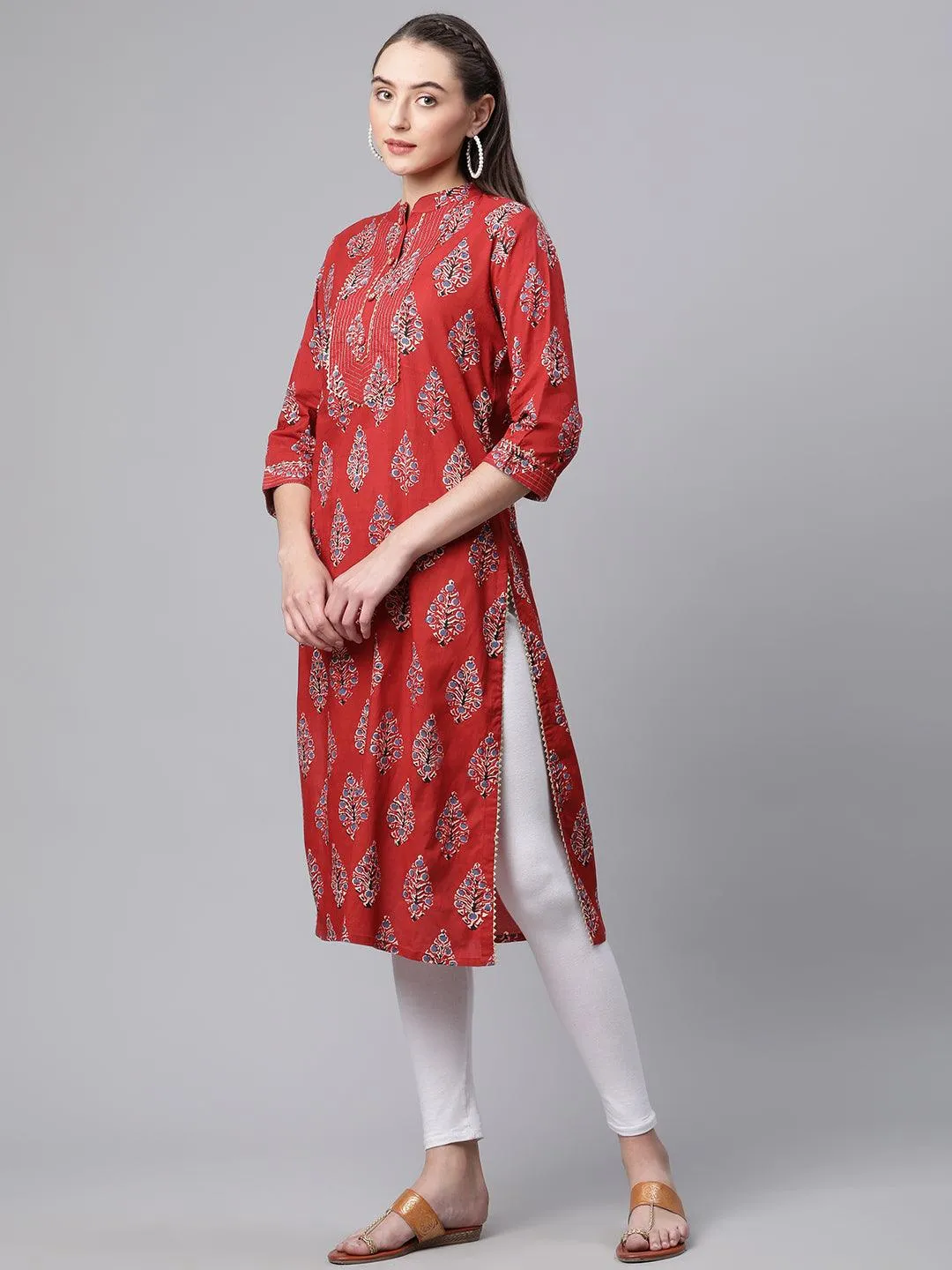 Jashvi Red Cotton Straight Kurta