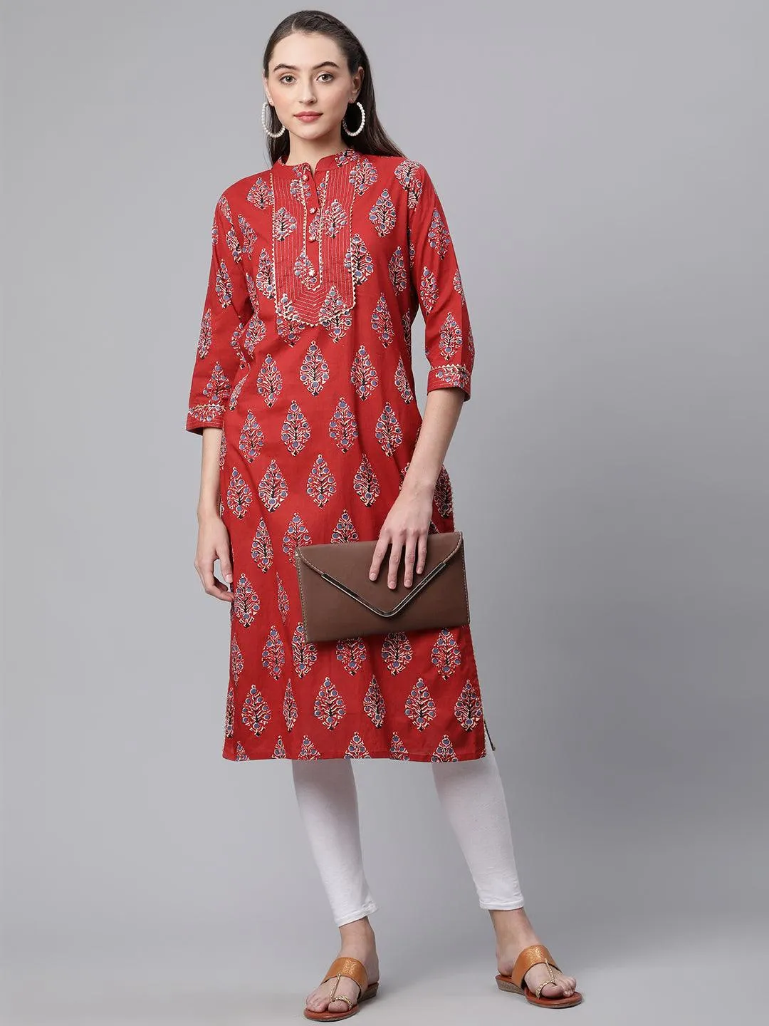 Jashvi Red Cotton Straight Kurta