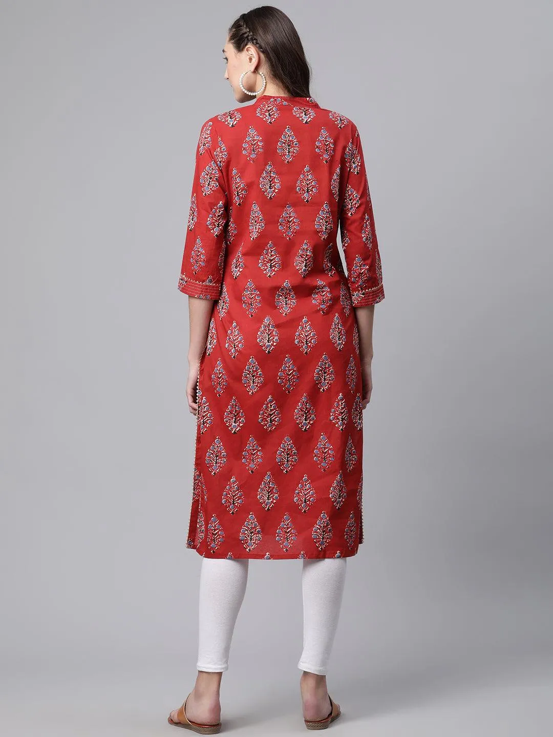 Jashvi Red Cotton Straight Kurta