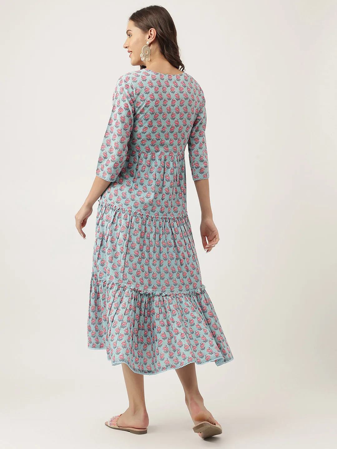 Jashvi Sky Blue Floral Printed Cotton Tiered Dress