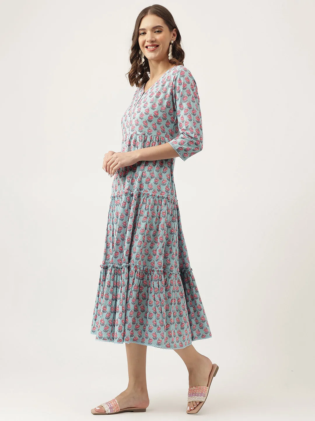 Jashvi Sky Blue Floral Printed Cotton Tiered Dress