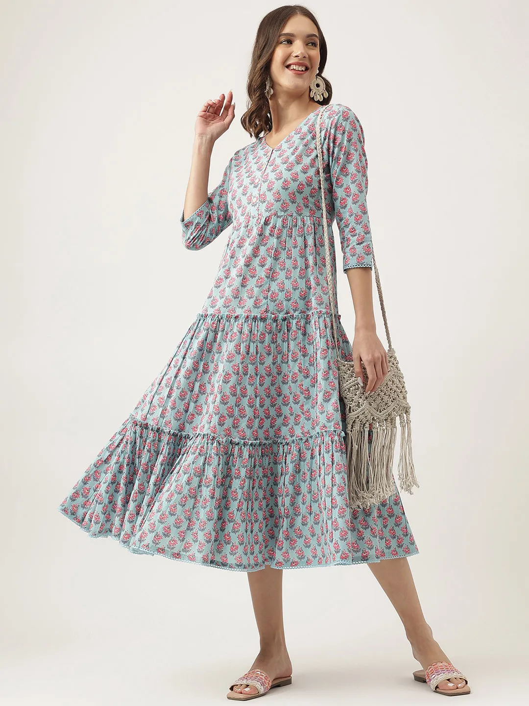 Jashvi Sky Blue Floral Printed Cotton Tiered Dress