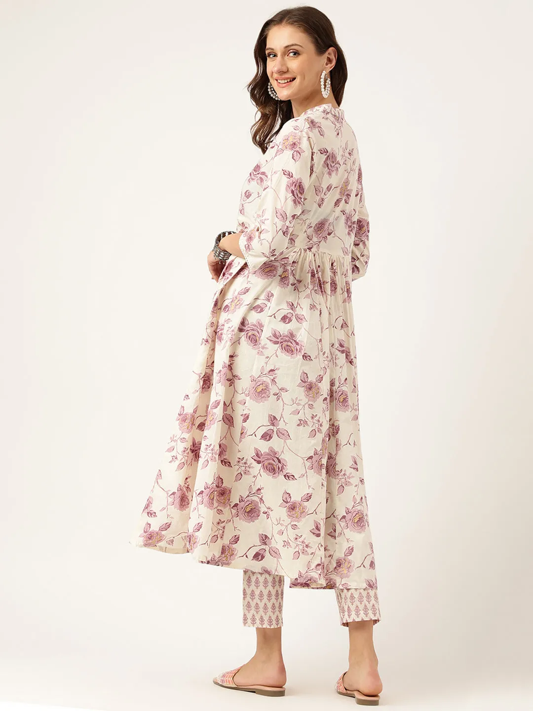 Jashvi White Purple Floral Cotton Flared kurta with Pant set