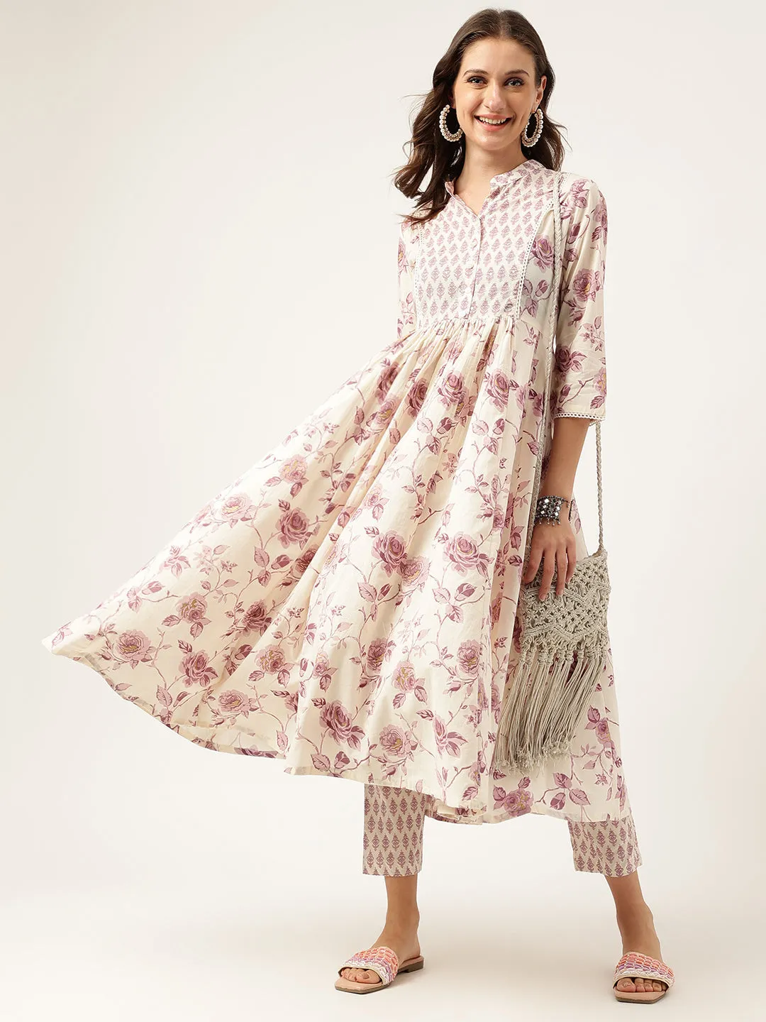 Jashvi White Purple Floral Cotton Flared kurta with Pant set