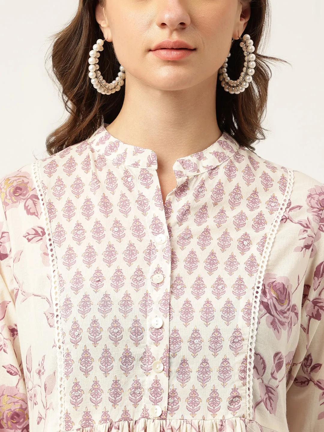 Jashvi White Purple Floral Cotton Flared kurta with Pant set