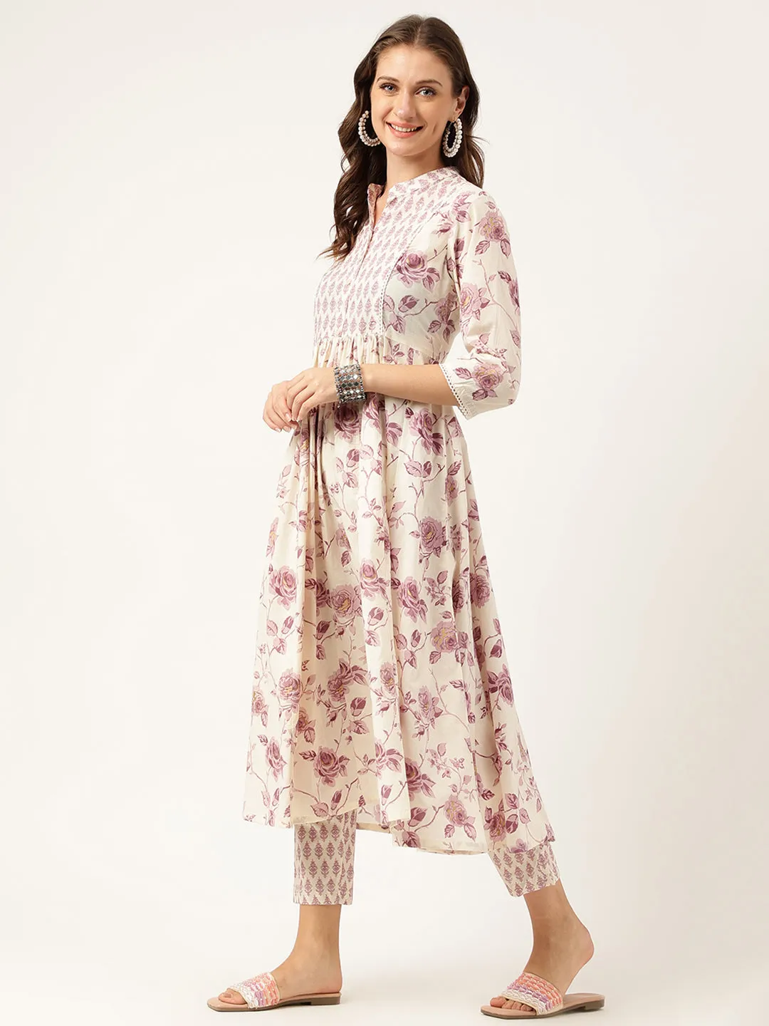 Jashvi White Purple Floral Cotton Flared kurta with Pant set