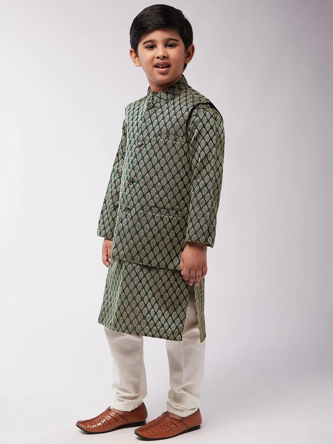 Kid's Jacquard Silk Dark Green Kurta & Dark Green Nehrujacket With Off-White Churidaar Pyjama Combo - Sojanya KID