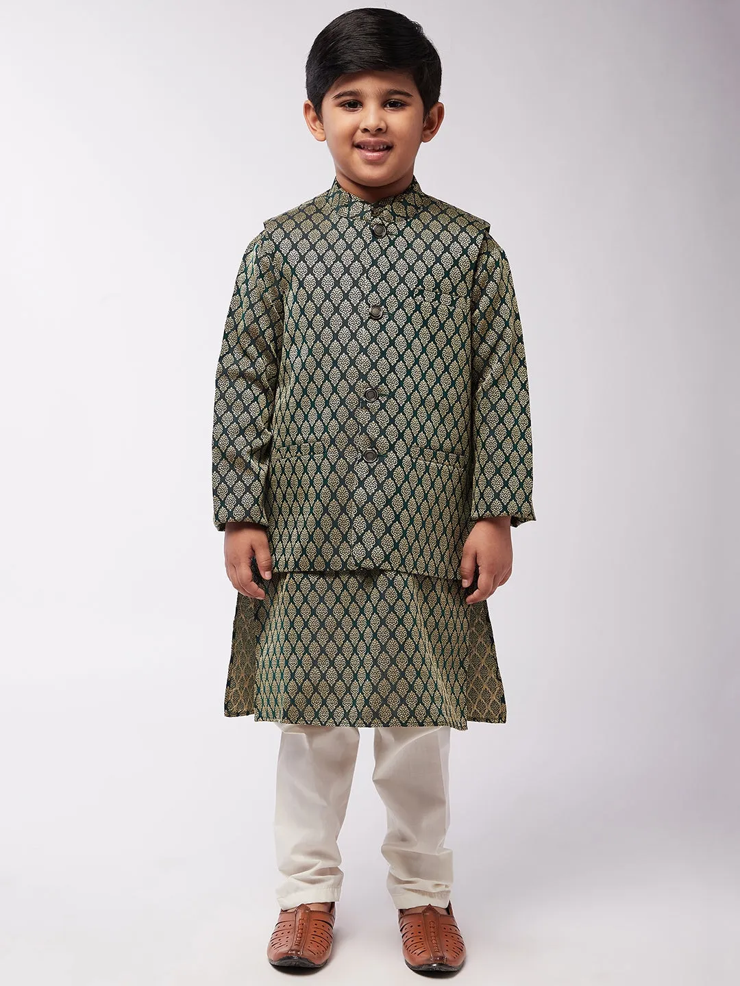 Kid's Jacquard Silk Dark Green Kurta & Dark Green Nehrujacket With Off-White Churidaar Pyjama Combo - Sojanya KID