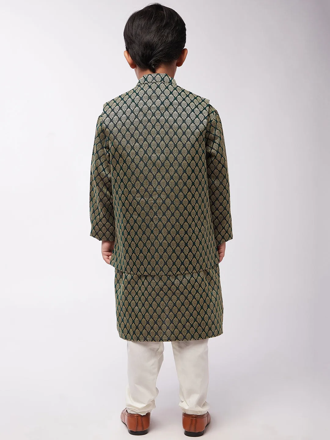 Kid's Jacquard Silk Dark Green Kurta & Dark Green Nehrujacket With Off-White Churidaar Pyjama Combo - Sojanya KID