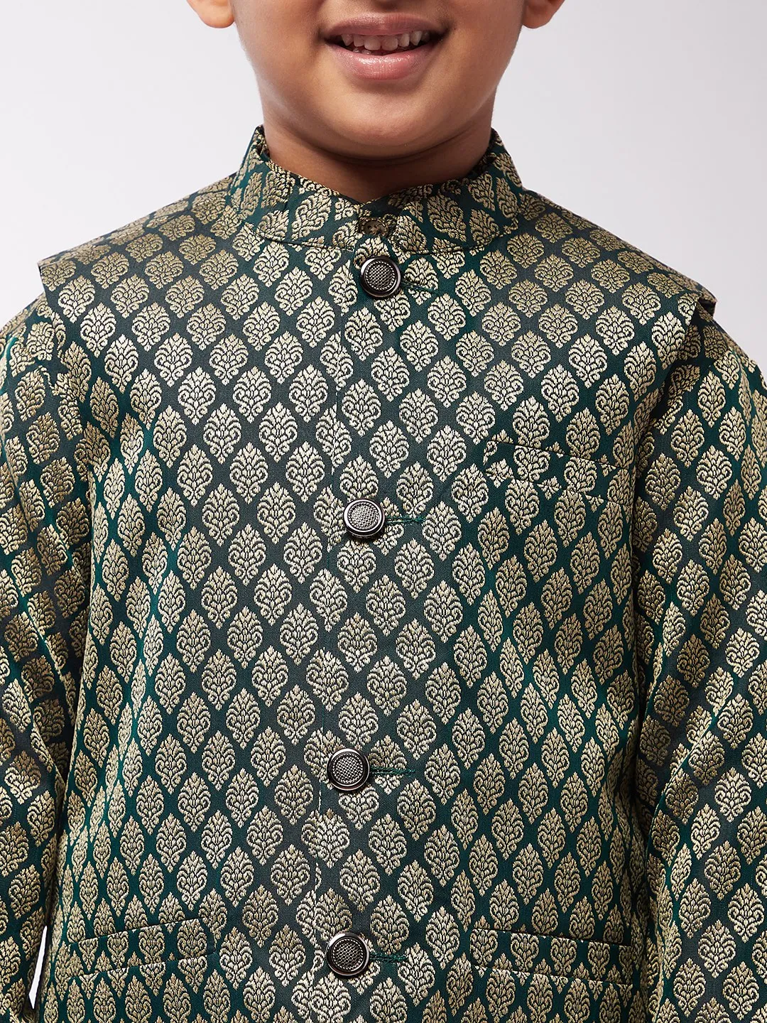 Kid's Jacquard Silk Dark Green Kurta & Dark Green Nehrujacket With Off-White Churidaar Pyjama Combo - Sojanya KID