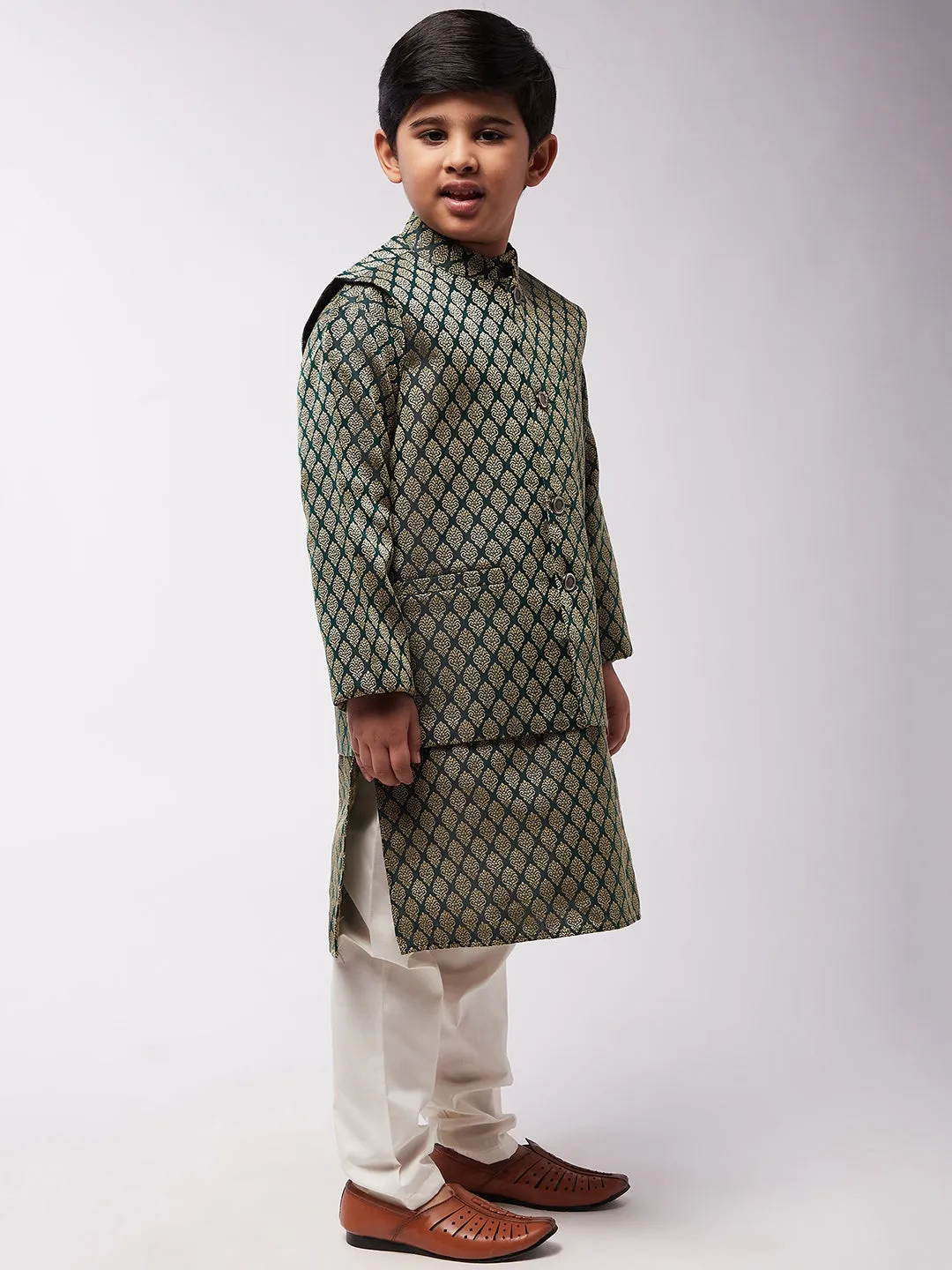 Kid's Jacquard Silk Dark Green Kurta & Dark Green Nehrujacket With Off-White Churidaar Pyjama Combo - Sojanya KID