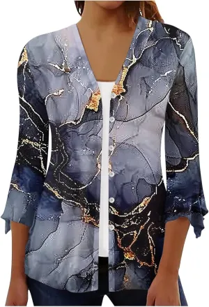 Kimonos for Women Lightweight Loose Beach Cover Ups 3/4 Puff Sleeve Boho Floral Print Shirt Resort Wear Summer Tops
