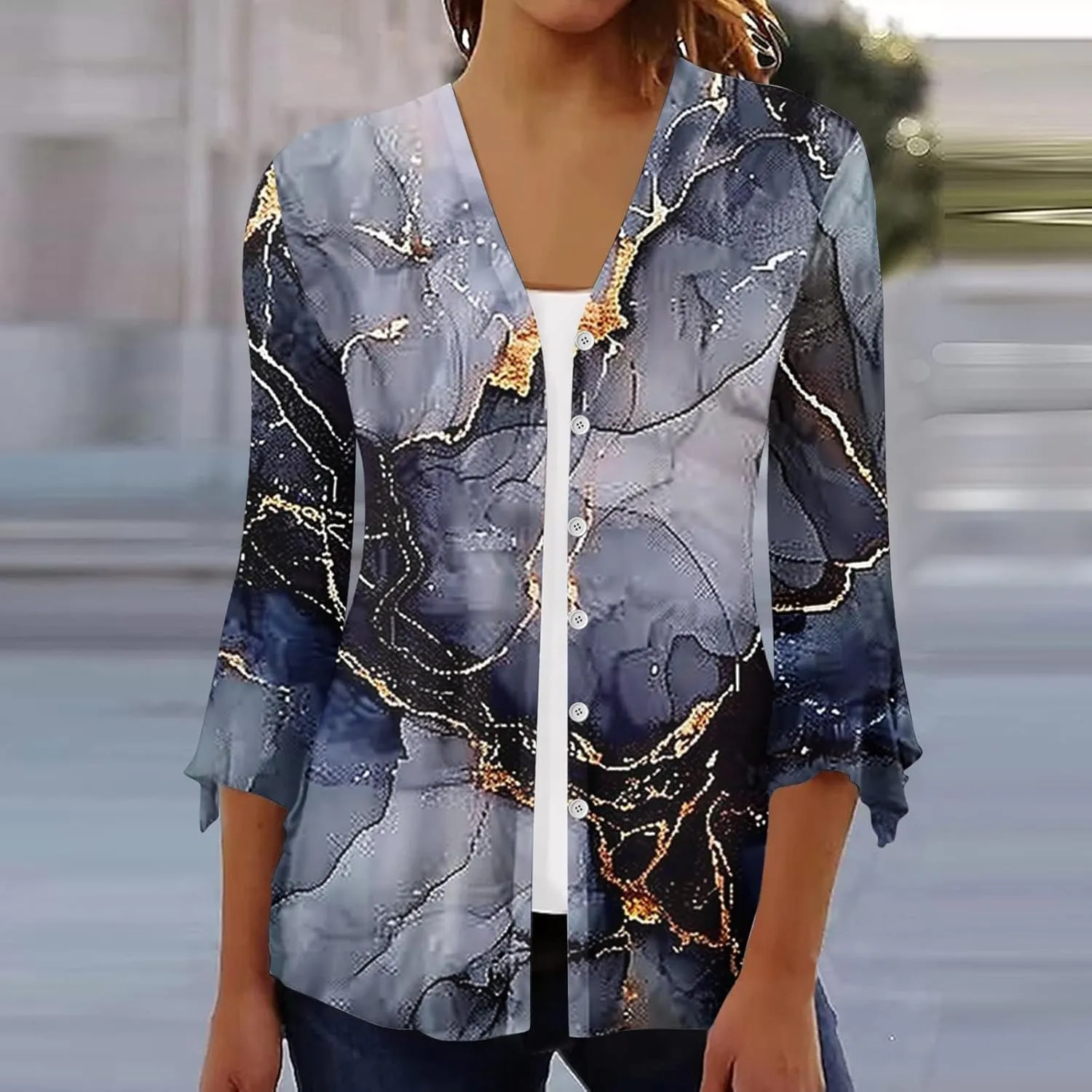 Kimonos for Women Lightweight Loose Beach Cover Ups 3/4 Puff Sleeve Boho Floral Print Shirt Resort Wear Summer Tops