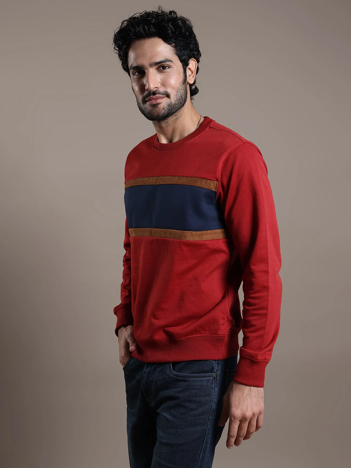 Knitted Red Self Design Regular Fit Full Sleeve Casual Sweatshirt