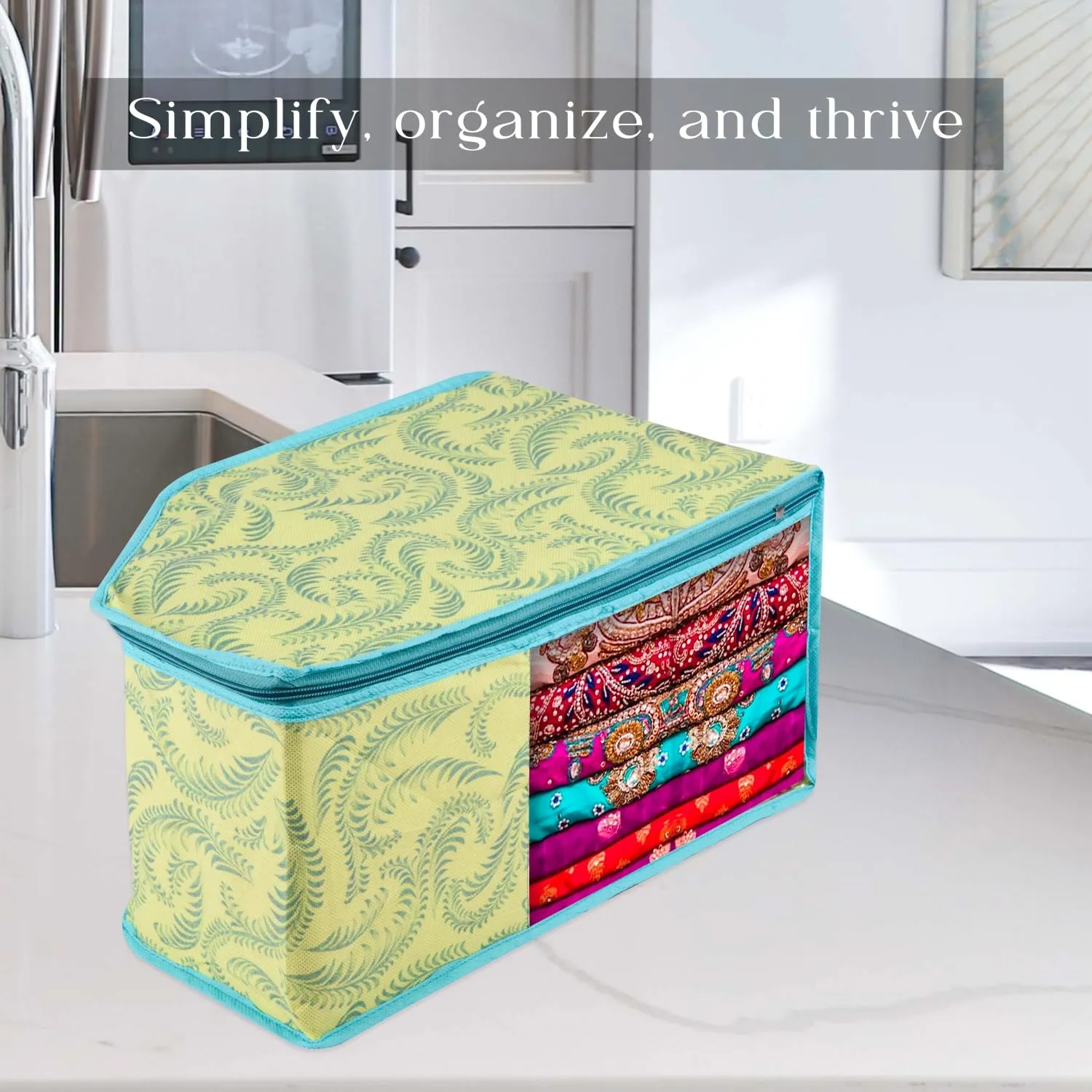 Kuber Industries Blouse Cover | Clothes Storage Bag | Zipper Wardrobe Organizers | Non-Woven Clothes Organiser | Side Transparent Blouse Organizer | Leaf-Design | Pack of 3 | Green