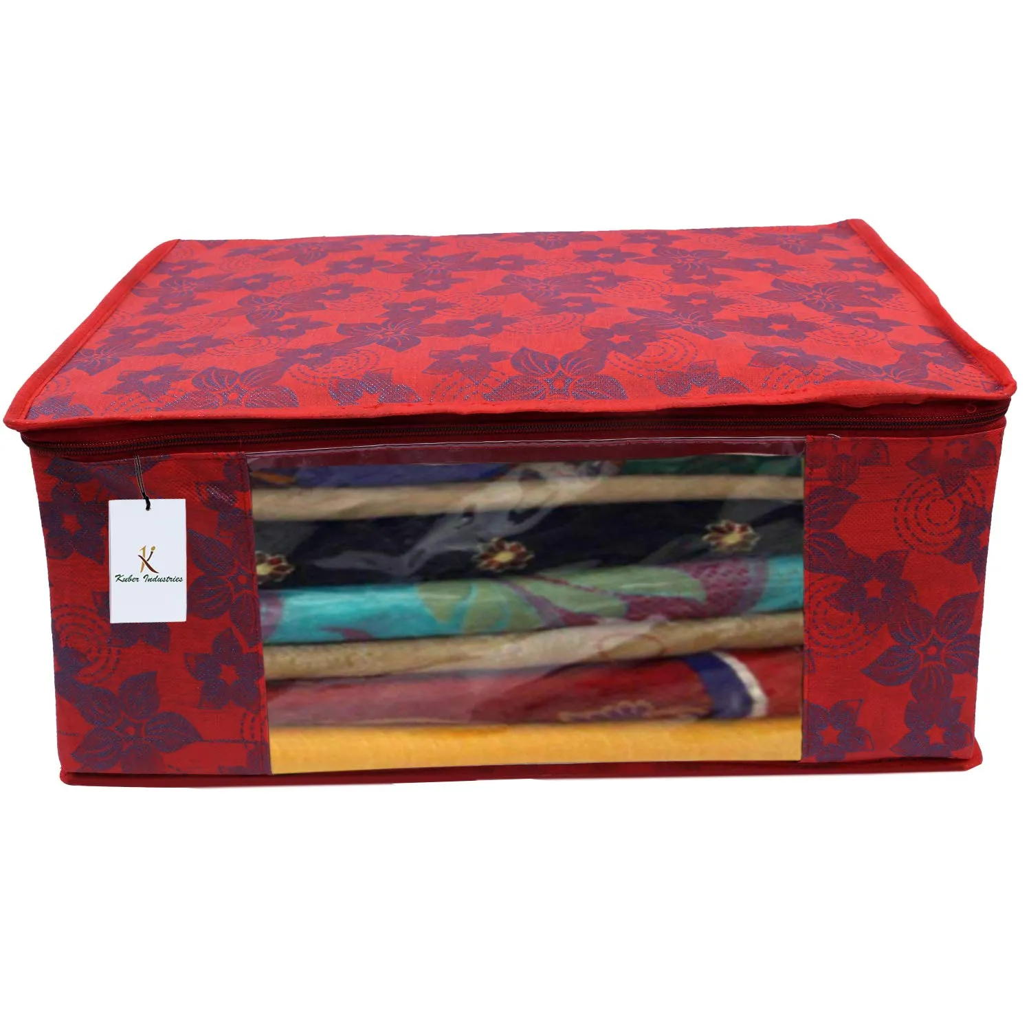 Kuber Industries Metalic Flower 3 Piece Non Woven Saree Cover Set, 7 inch, Red