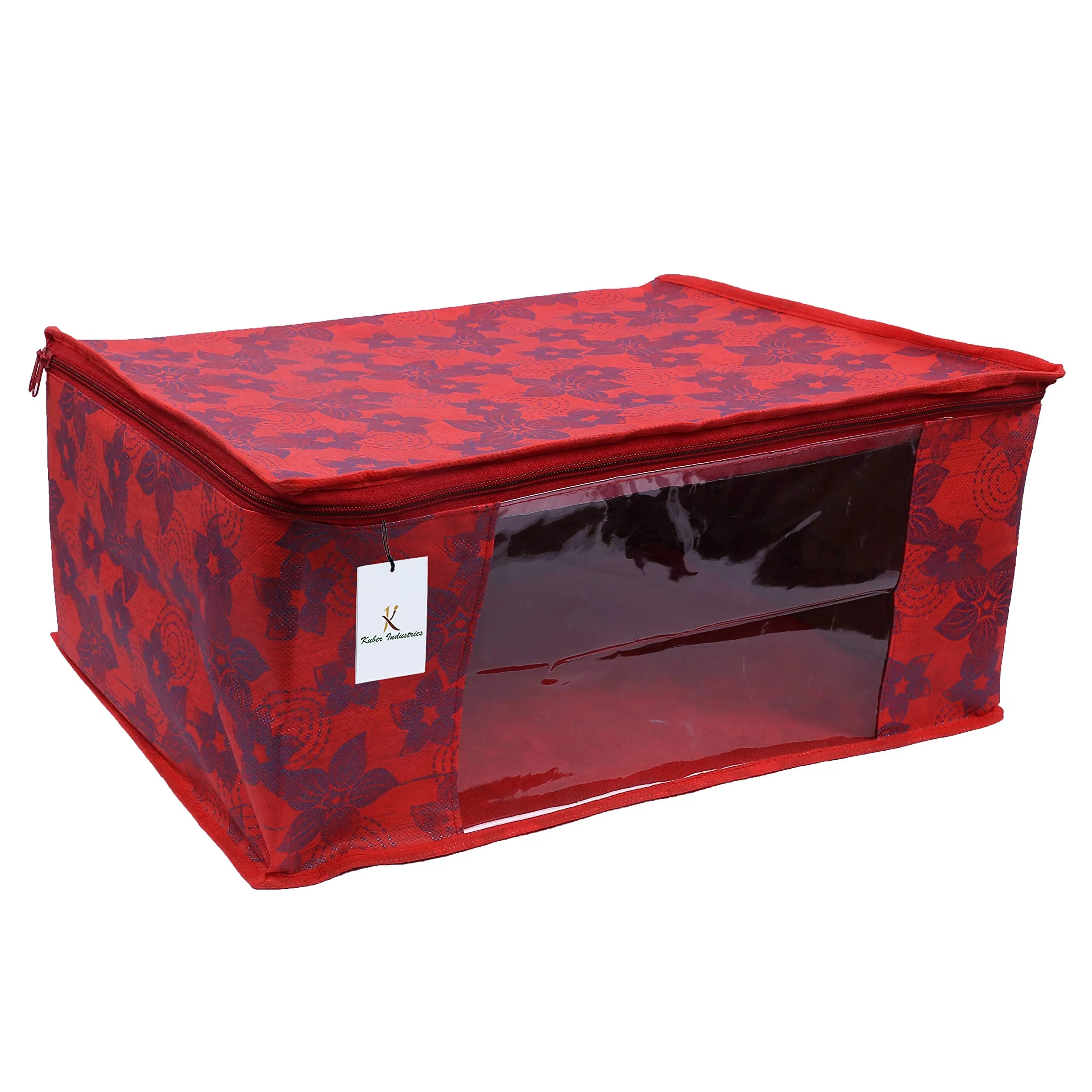 Kuber Industries Metalic Flower 3 Piece Non Woven Saree Cover Set, 7 inch, Red