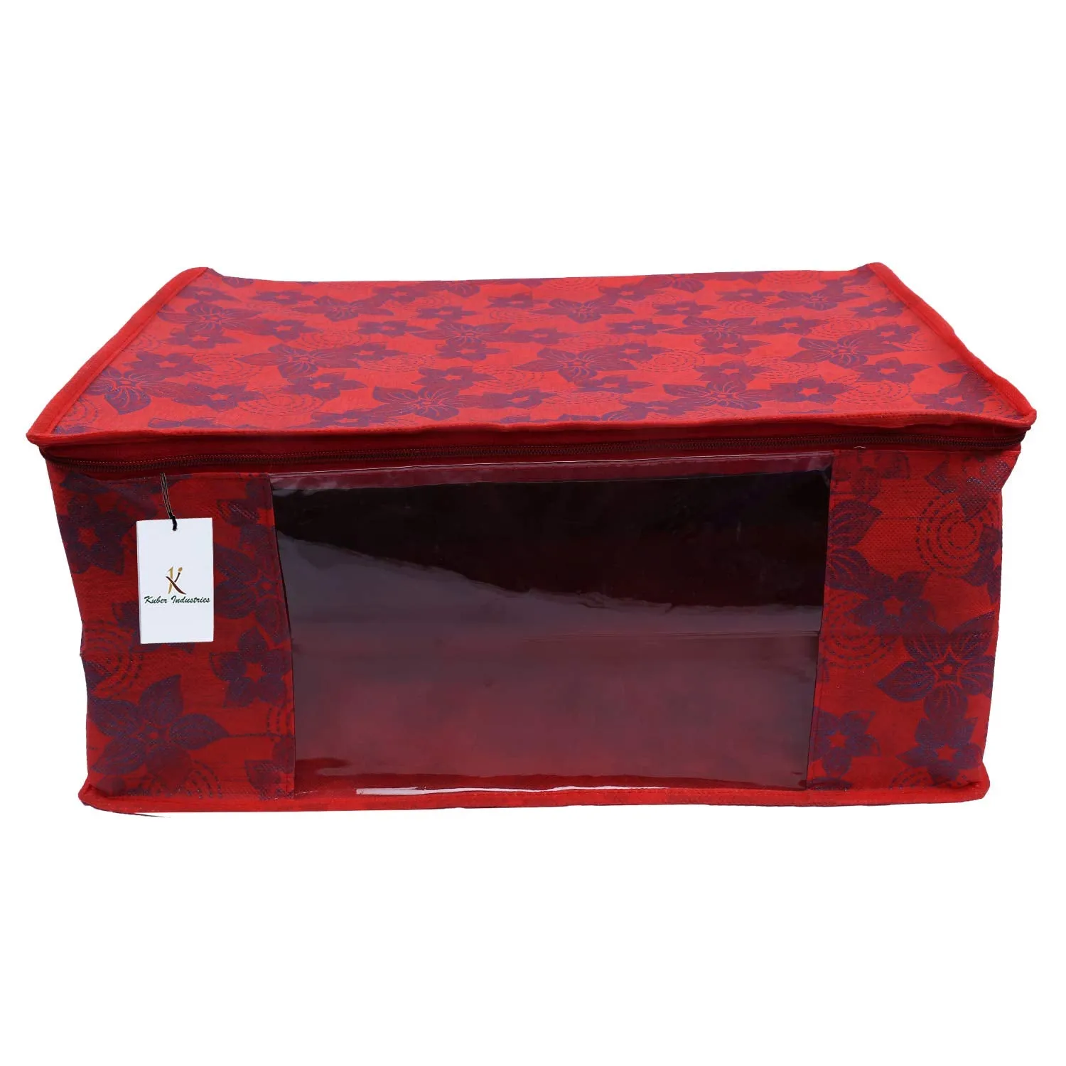 Kuber Industries Metalic Flower 3 Piece Non Woven Saree Cover Set, 7 inch, Red