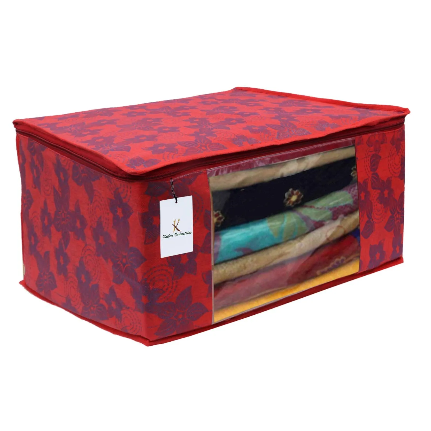 Kuber Industries Metalic Flower 3 Piece Non Woven Saree Cover Set, 7 inch, Red