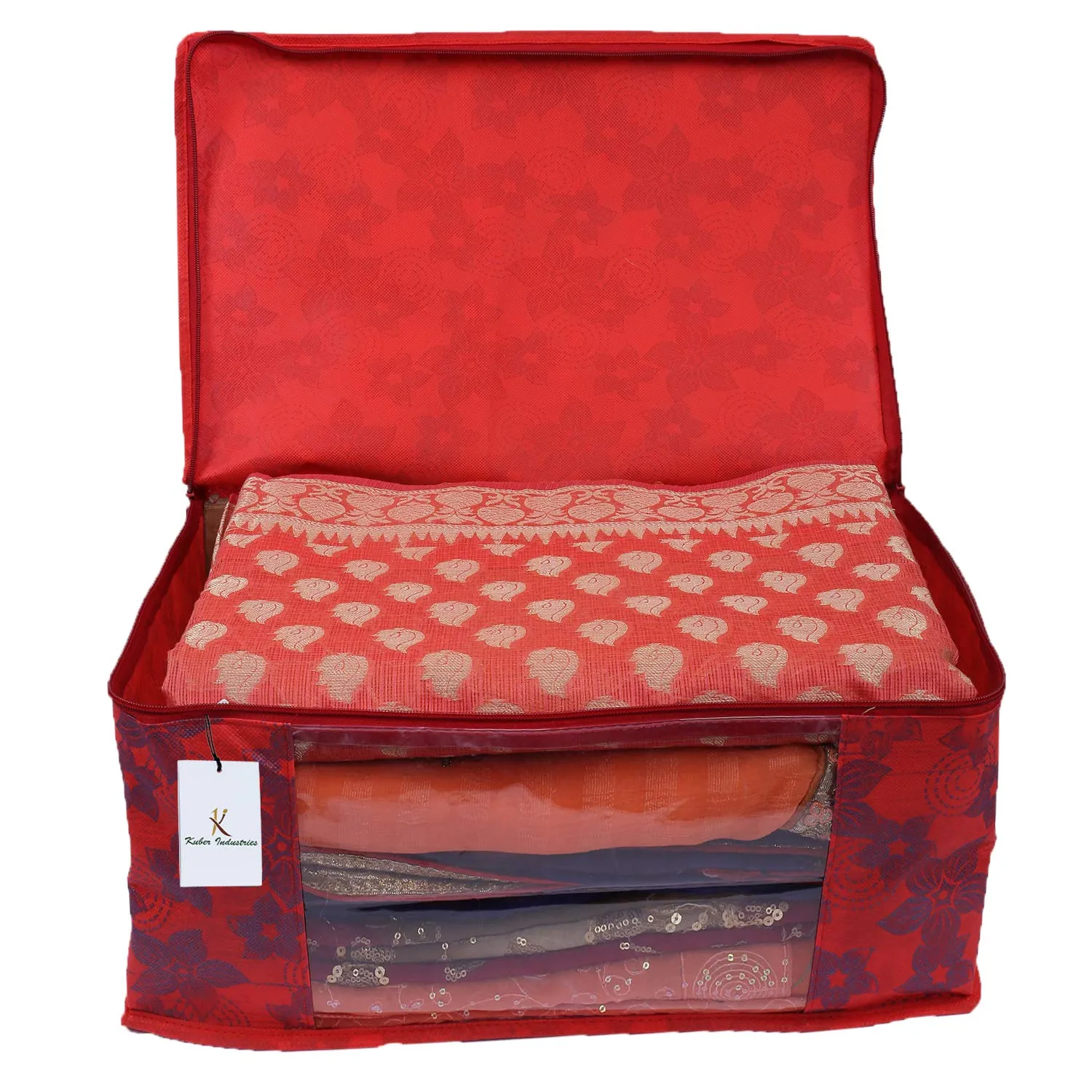 Kuber Industries Metalic Flower 3 Piece Non Woven Saree Cover Set, 7 inch, Red