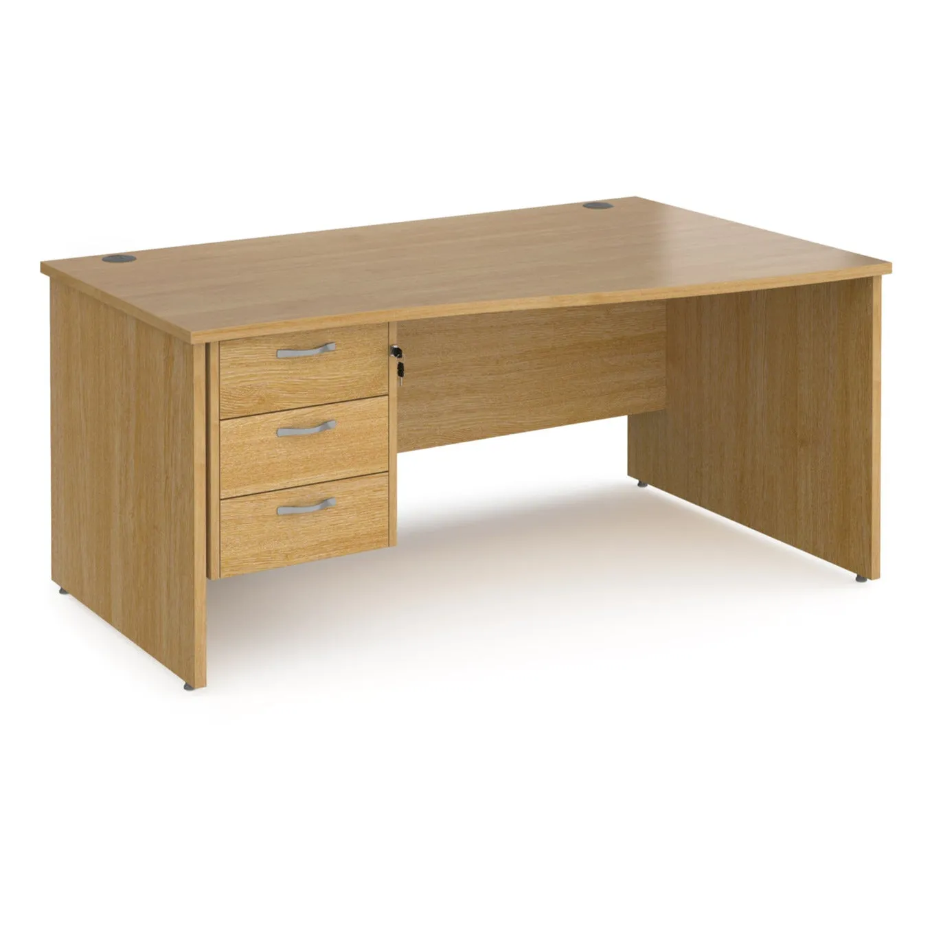 Maestro 25 right hand wave desk with 3 drawer pedestal and panel end leg