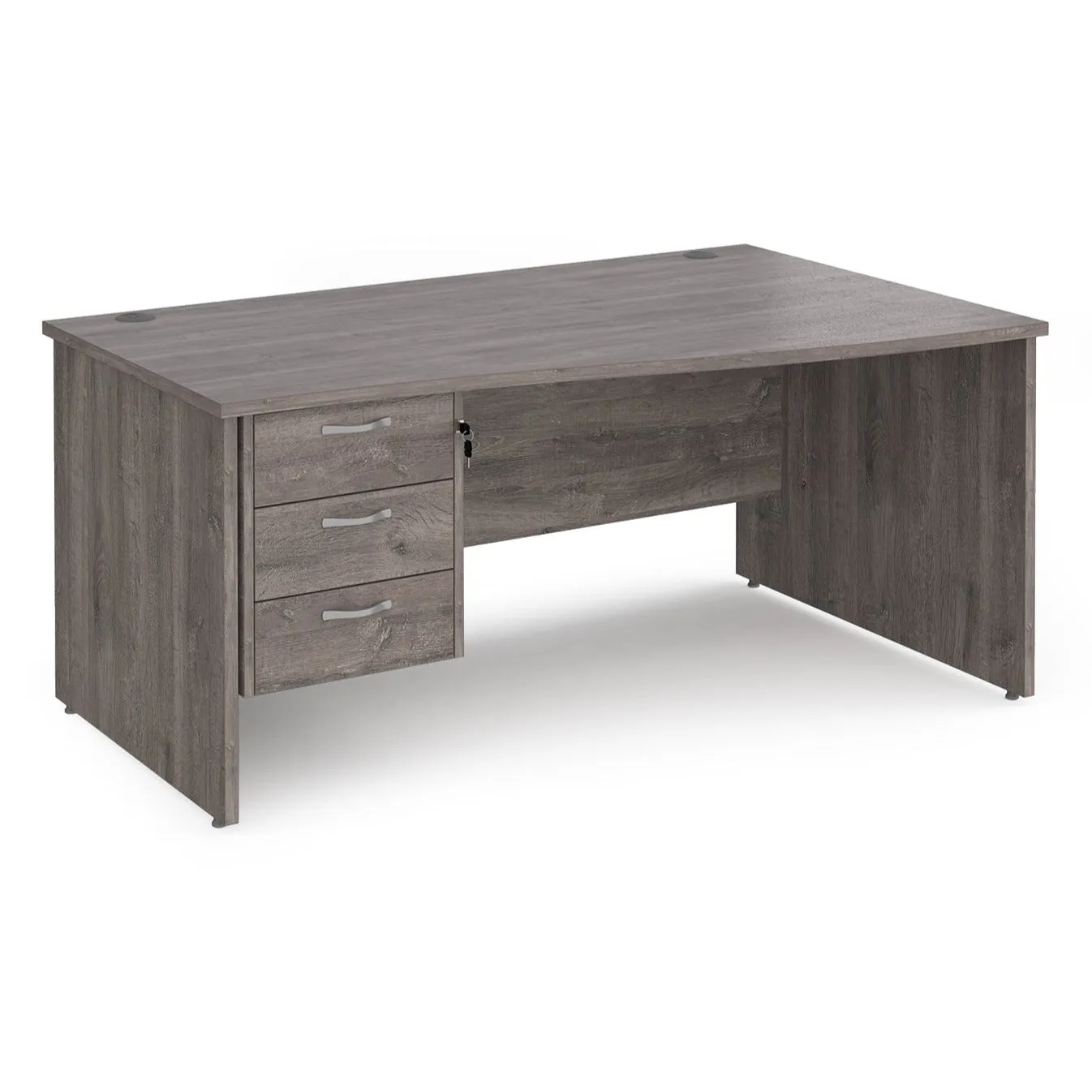 Maestro 25 right hand wave desk with 3 drawer pedestal and panel end leg