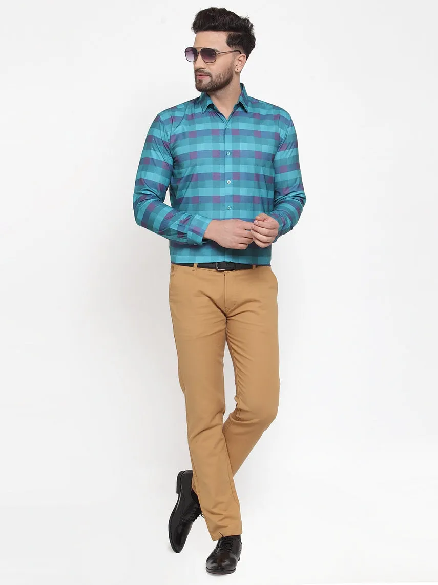 Men's Blue Cotton Checked Formal Shirt's ( SF 746Sky ) - Jainish