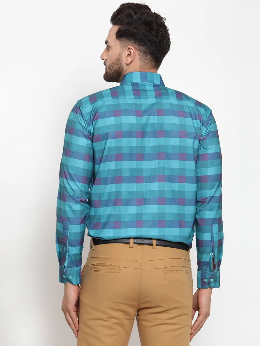 Men's Blue Cotton Checked Formal Shirt's ( SF 746Sky ) - Jainish